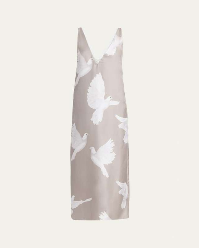 Dove Print Lace Trim Silk Slip Dress
